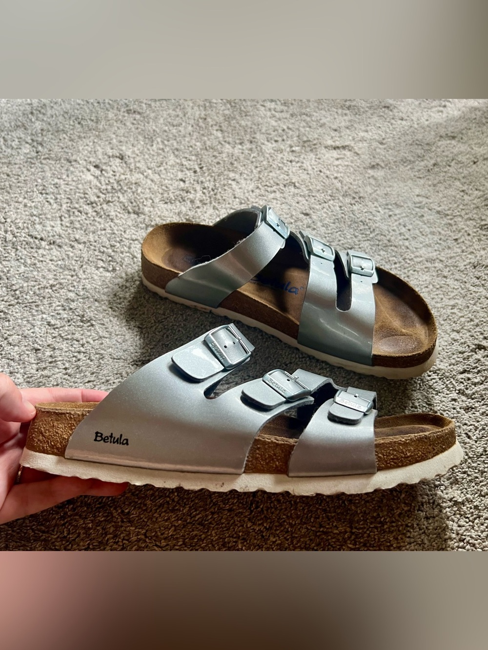 Betula Birkenstock Leo Soft Footbed Size 40 / 9 Silver Buckle Slides Sandals